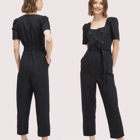 Kate Spade Linen Blend Twill Black Jumpsuit Size 2 Double Breasted Button $328 - Picture 1 of 16